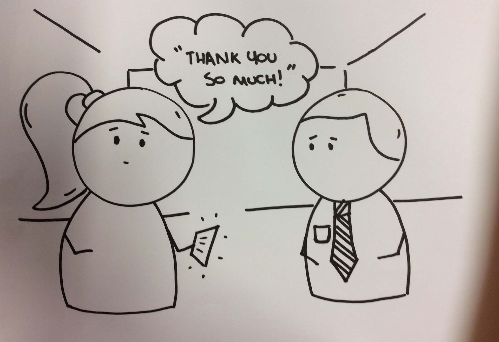 Cartoon graphic of a customer service interaction