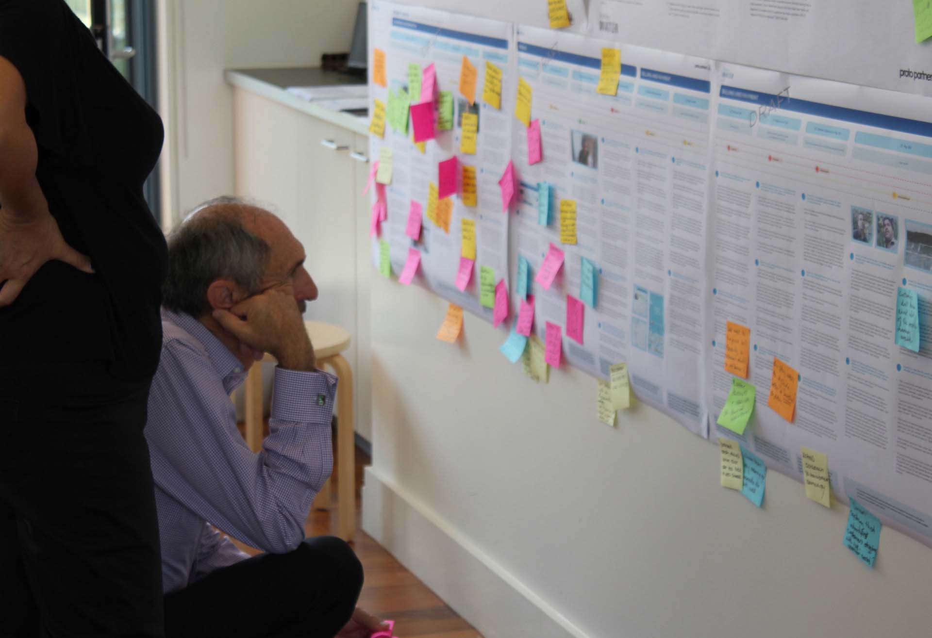 Man crouched reading Customer journey Map