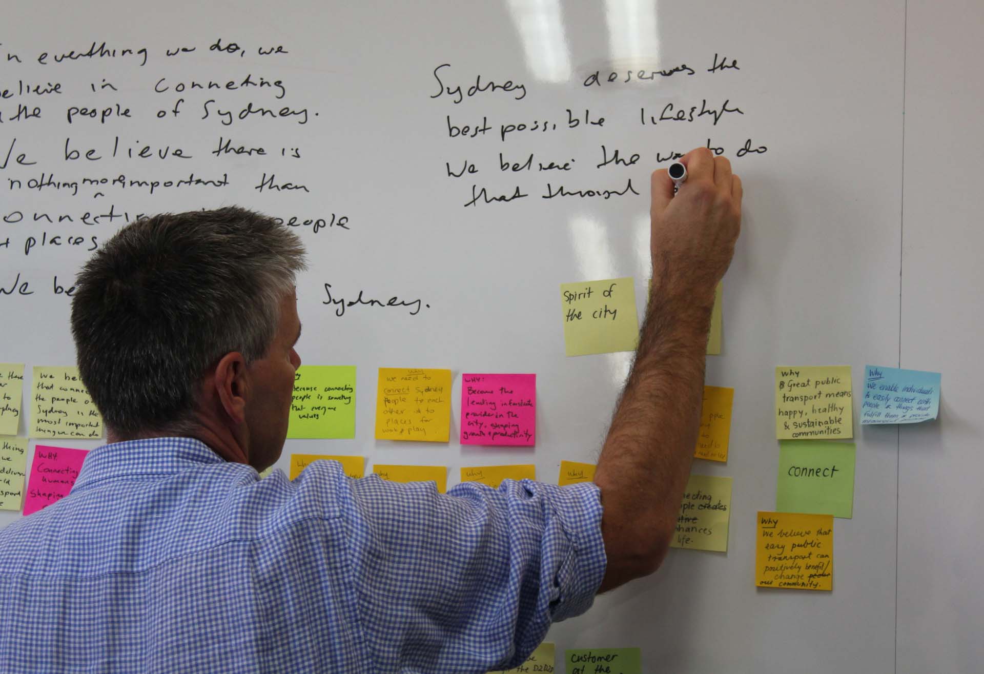 Proto CEO Damian Kernahan writing notes on a customer experice journey design wall