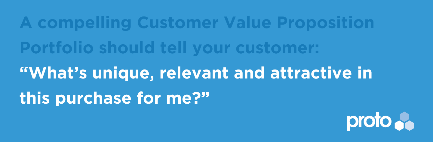 A compelling Customer Value Proposition Portfolio should tell your customer: What’s unique, relevant and attractive in this purchase for me?