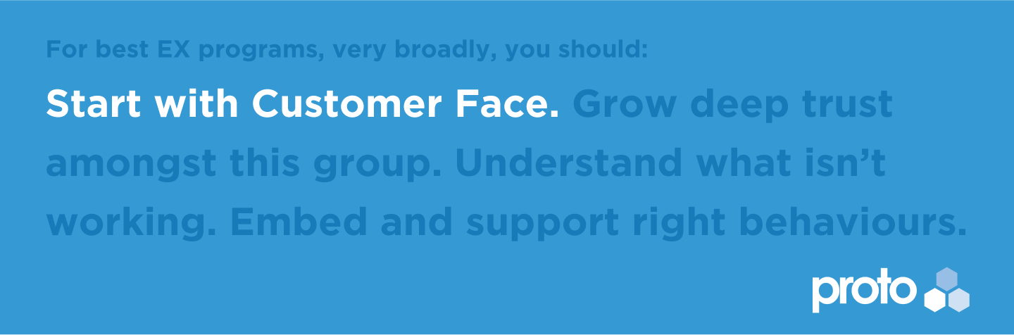 For best EX programs, very broadly, you should: Start with Customer Face. Grow deep trust amongst this group. Understand what isn’t working. Embed and support right behaviours.