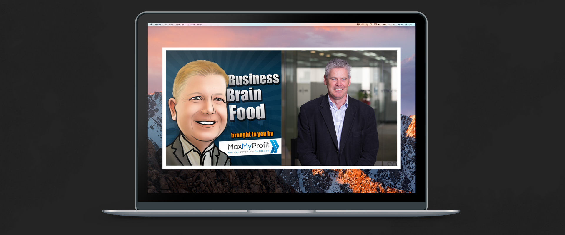 Business Brain Food's logo and Damian Kernahan's image side-by-side on a laptop screen, showing them together on Ben Fewtrell's Brainfood Podcast