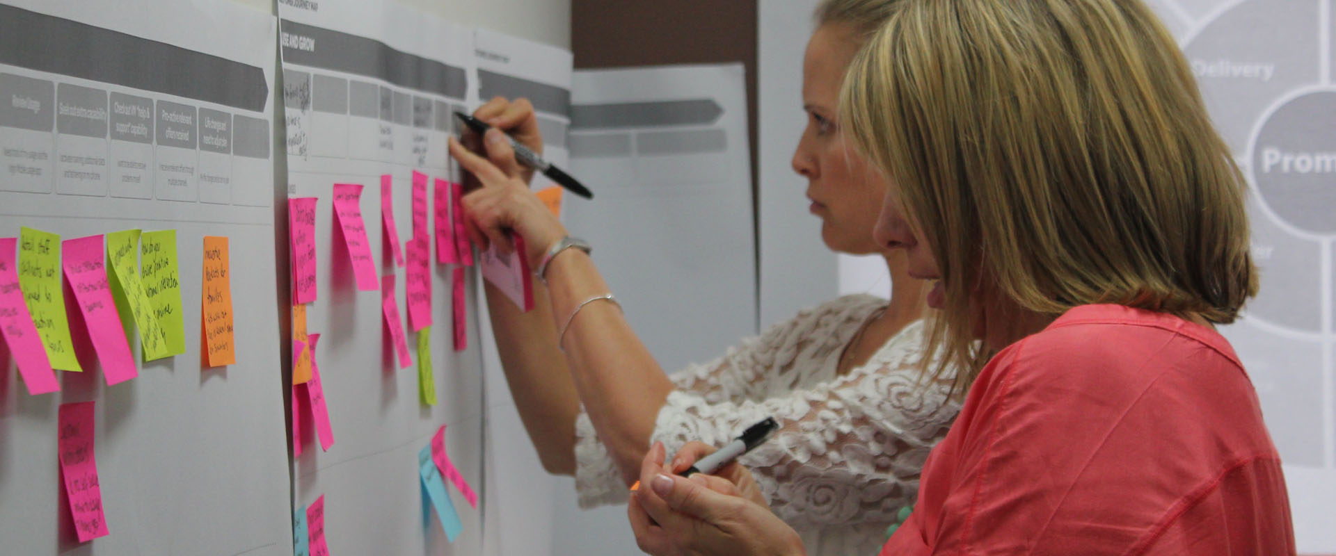 Two woman writing notes on a customer journey map